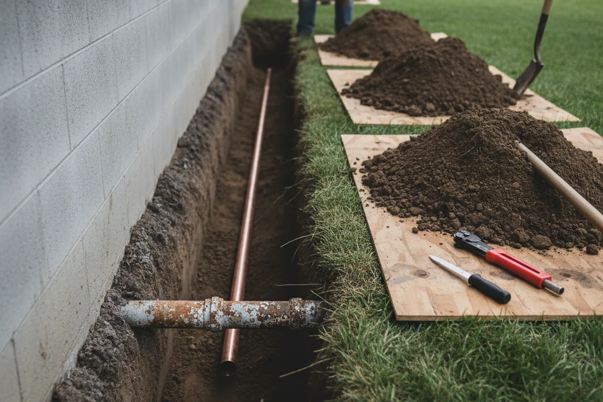 Excavated water line trench during Sewer Line Repair in Kiowa
